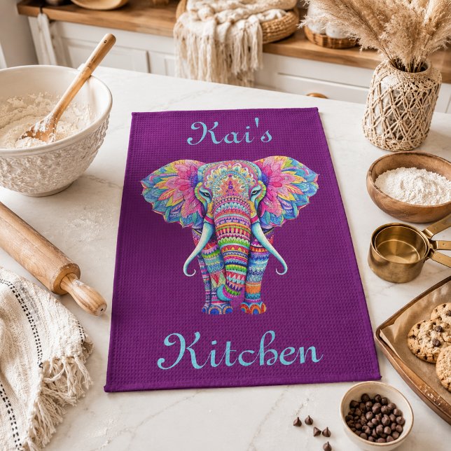 Colourful Mandala Elephant with Customised Name Tea Towel (Creator Uploaded)