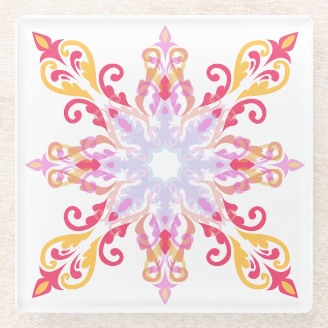 Colourful Mandala Floral Pattern Glass Coaster (Front)