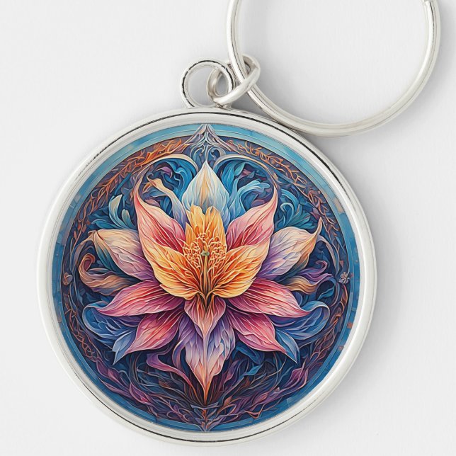 Colourful Mandala Flower Design Key Ring (Front)