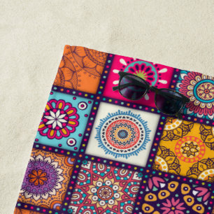 Colourful mandala Moroccan art beach style Beach Towel