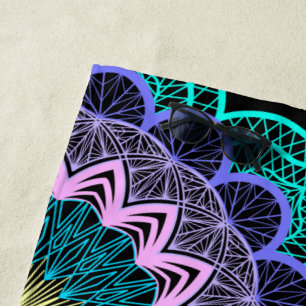 Colourful Mandala on Black Background Beach Towel