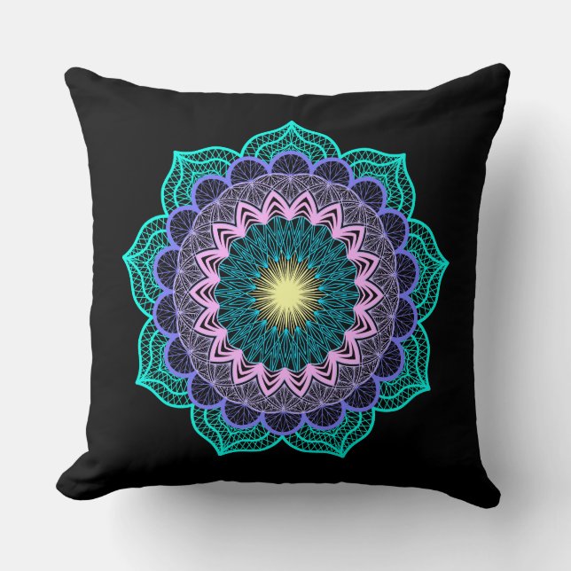 Colourful Mandala on Black Background Cushion (Front)