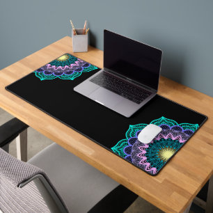 Colourful Mandala on Black Background Desk Mat