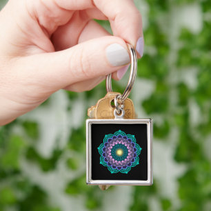 Colourful Mandala on Black Background Key Ring