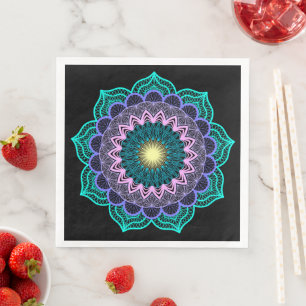 Colourful Mandala on Black Background Napkin