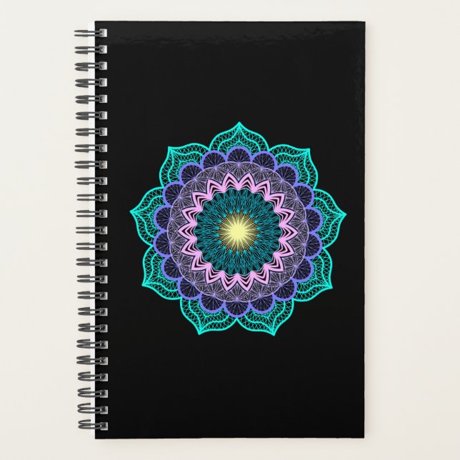Colourful Mandala on Black Background Planner (Front)