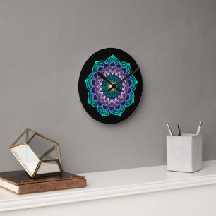 Colourful Mandala on Black Background Round Clock
