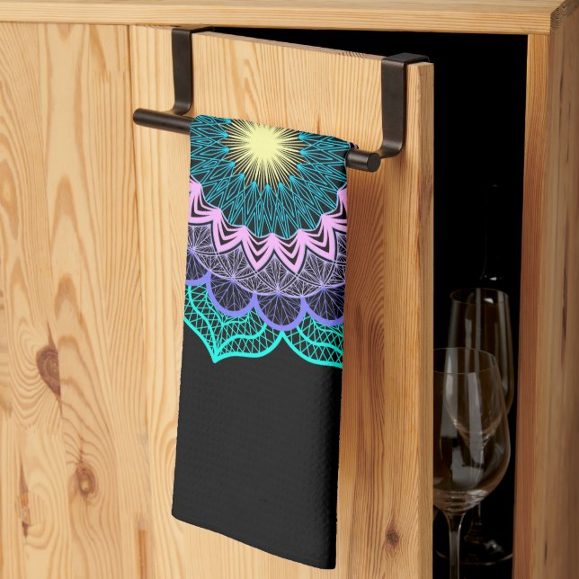 Colourful Mandala on Black Background Tea Towel (Thirds Fold)