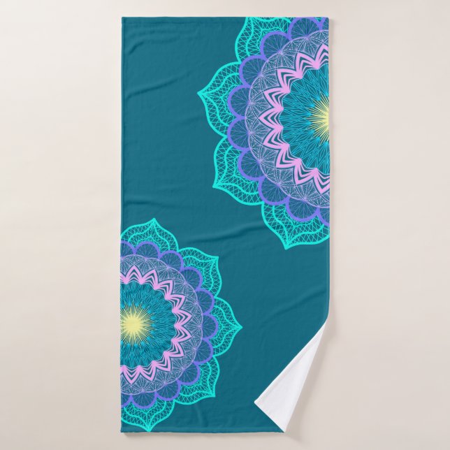 Colourful Mandala on Blue Background Bath Towel (Bath Towel)