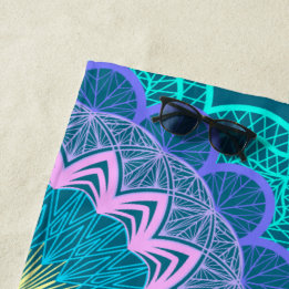 Colourful Mandala on Blue Background Beach Towel
