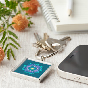 Colourful Mandala on Blue Background Key Ring