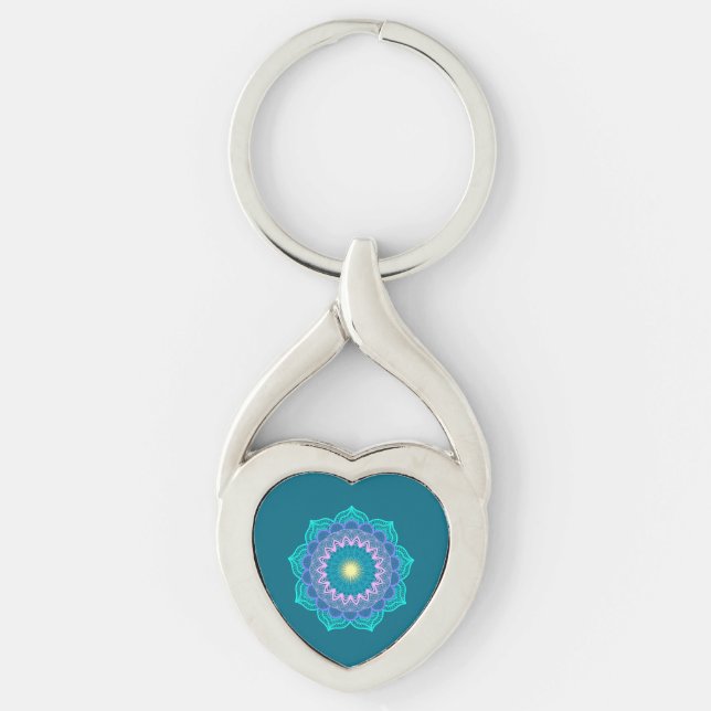 Colourful Mandala on Blue Background Key Ring (Front)