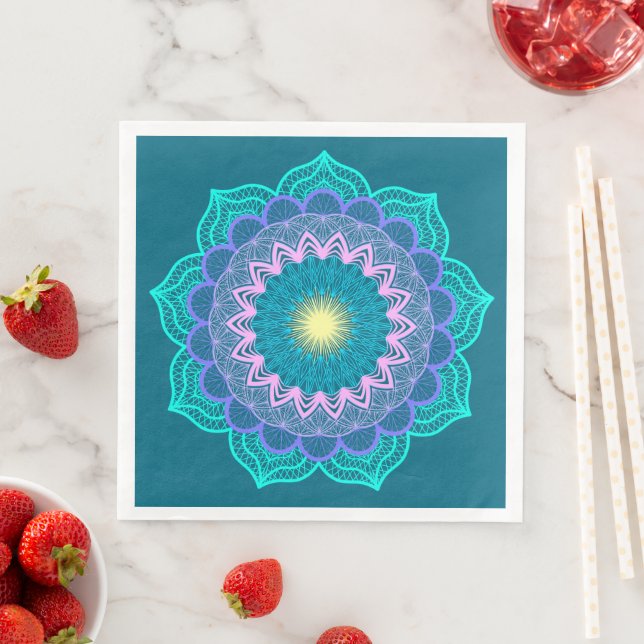 Colourful Mandala on Blue Background Napkin (Insitu)