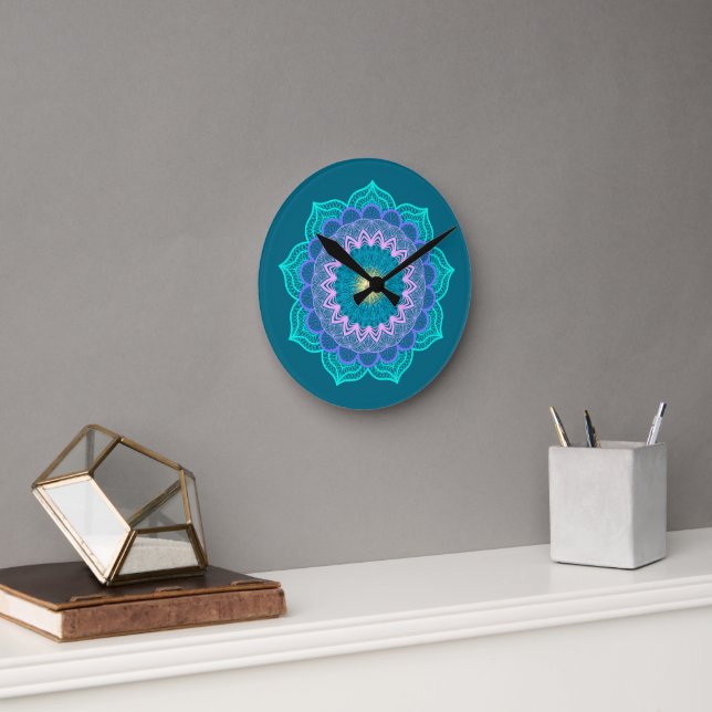Colourful Mandala on Blue Background Round Clock (Office)