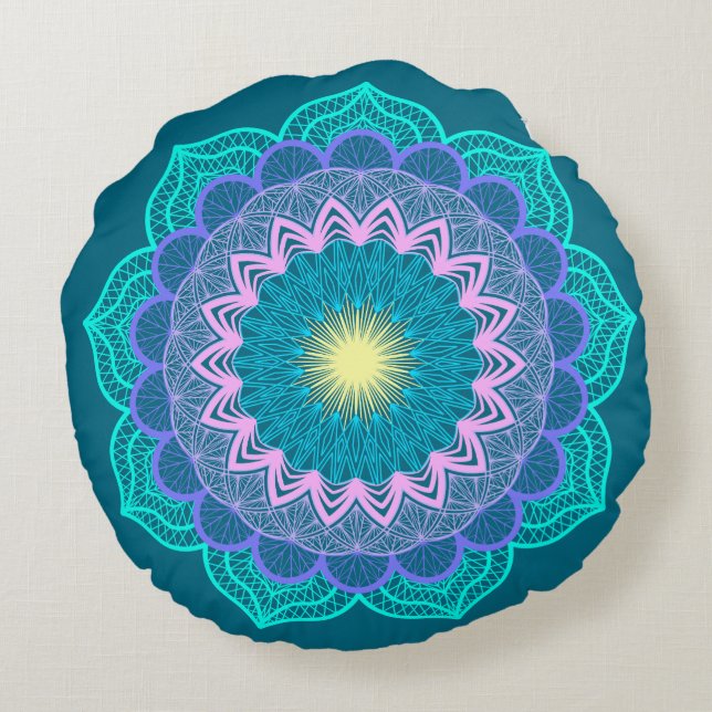 Colourful Mandala on Blue Background Round Cushion (Back)