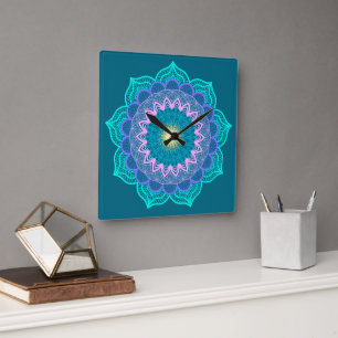 Colourful Mandala on Blue Background Square Wall Clock