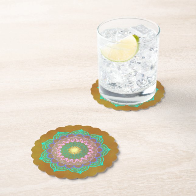 Colourful Mandala on Gold Background Paper Coaster (Insitu)