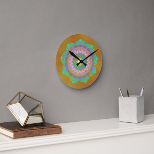 Colourful Mandala on Gold Background Round Clock