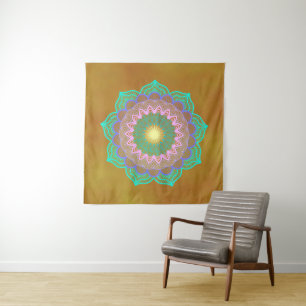 Colourful Mandala on Gold Background Square Tapestry