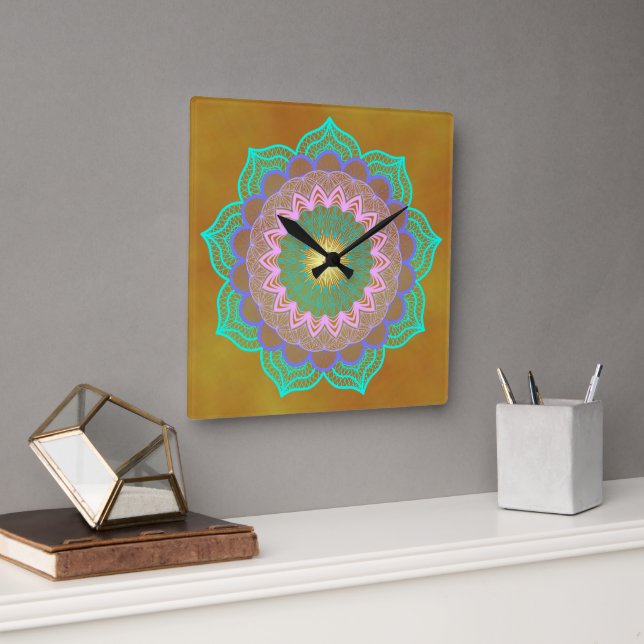 Colourful Mandala on Gold Background Square Wall Clock (Office)