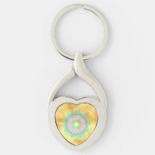 Colourful mandala on soft gold background key ring