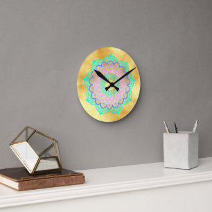 Colourful Mandala on Soft Gold Background Round Clock