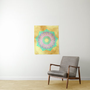 Colourful Mandala on Soft Gold Background Small Tapestry