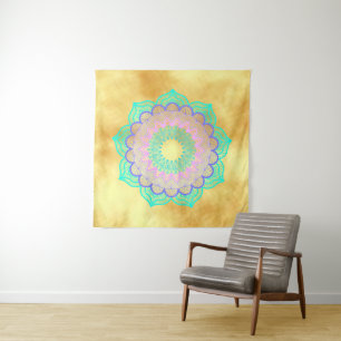 Colourful Mandala on Soft Gold Background Square Tapestry