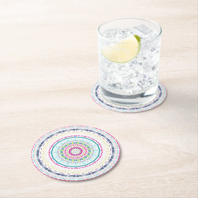 colourful mandala round paper coaster (Insitu)