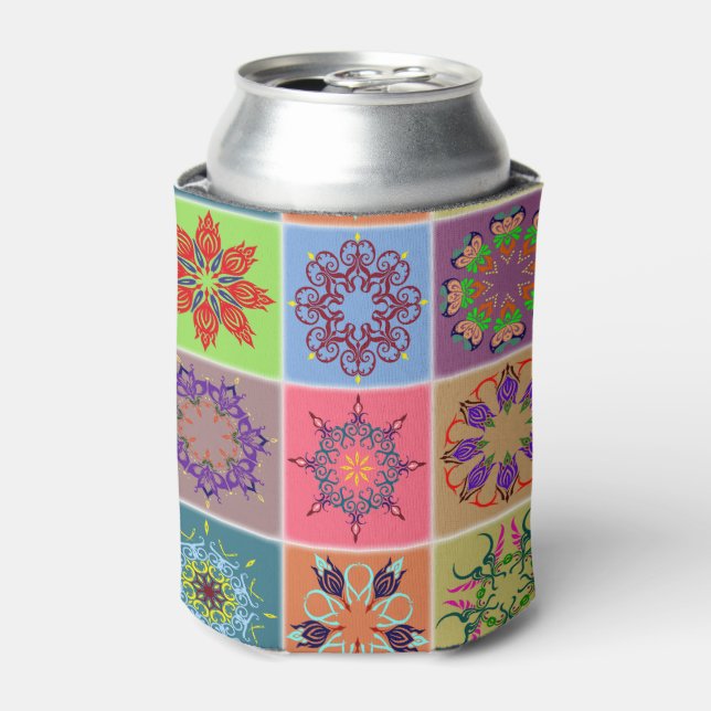 Colourful Mandala Tile Pattern – Boho Geometric Can Cooler (Can Front)