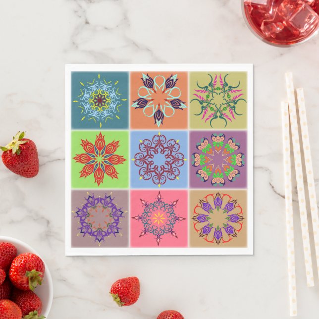 Colourful Mandala Tile Pattern – Boho Geometric Napkin (Insitu)