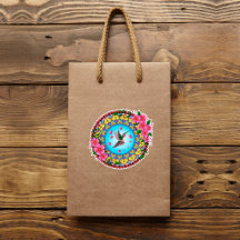 Colourful mandala with humming bird and pink flowe