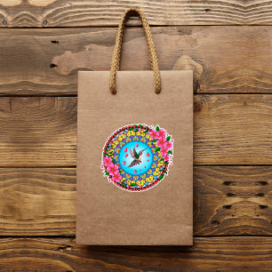 Colourful mandala with humming bird and pink flowe