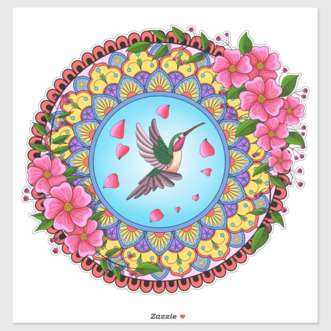 Colourful mandala with humming bird and pink flowe (Sheet)