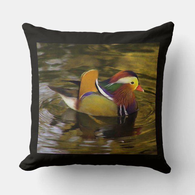 Colourful Mandarin Duck Black Square Cushion (Front)