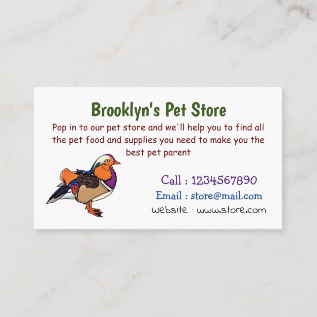 Colourful mandarin duck illustration business card (Front)