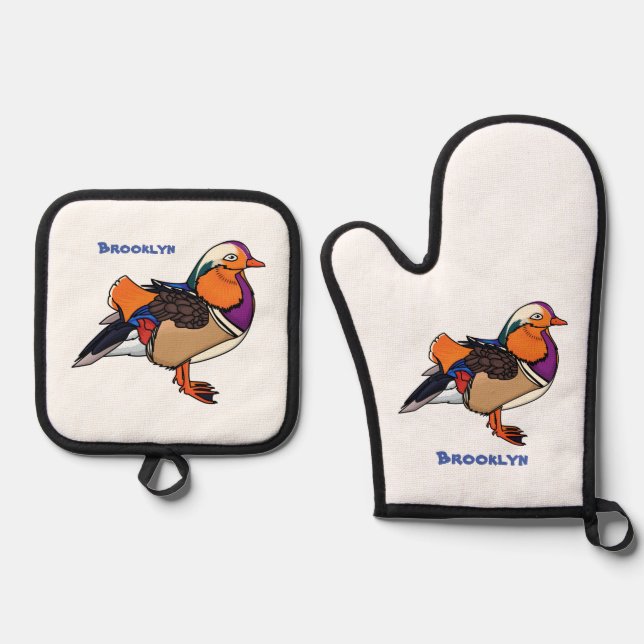 Colourful mandarin duck illustration oven mitt & pot holder set (Front)