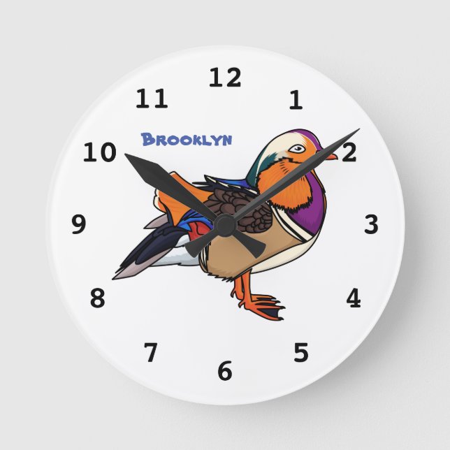 Colourful mandarin duck illustration round clock (Front)