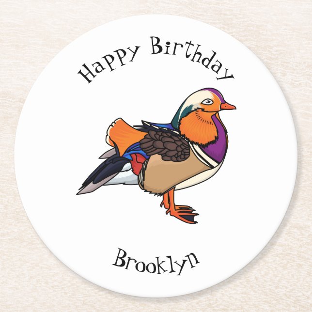 Colourful mandarin duck illustration round paper coaster (Front)