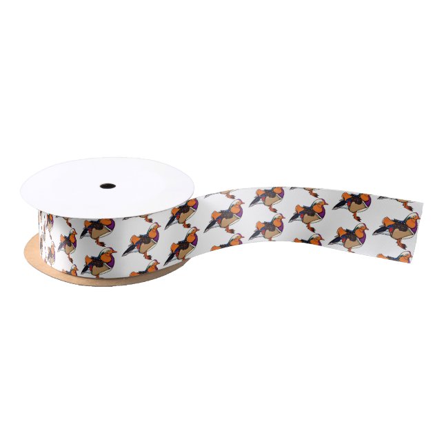 Colourful mandarin duck illustration satin ribbon (Spool)