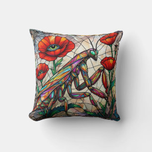 Colourful Mantis Stained Glass Poppies Steampunk  Cushion
