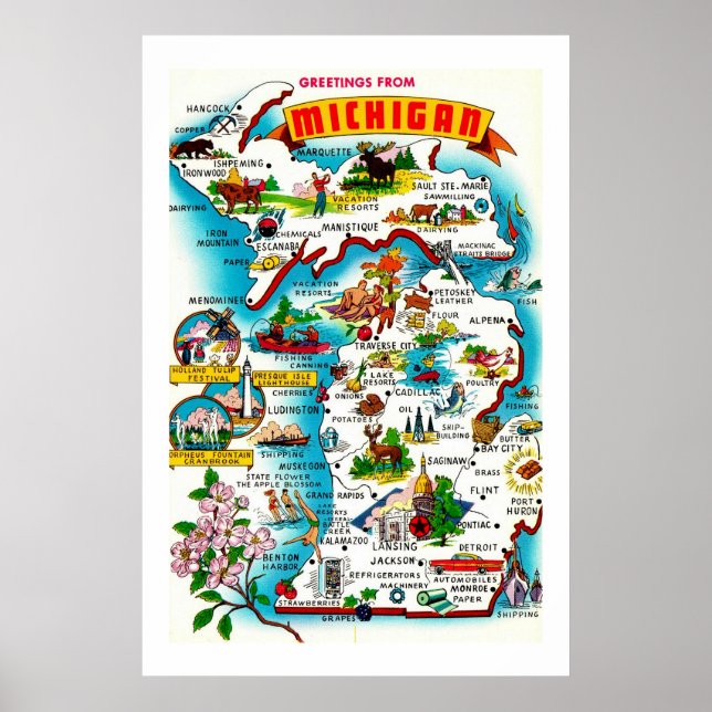 Colourful Map of Michigan Print (Front)