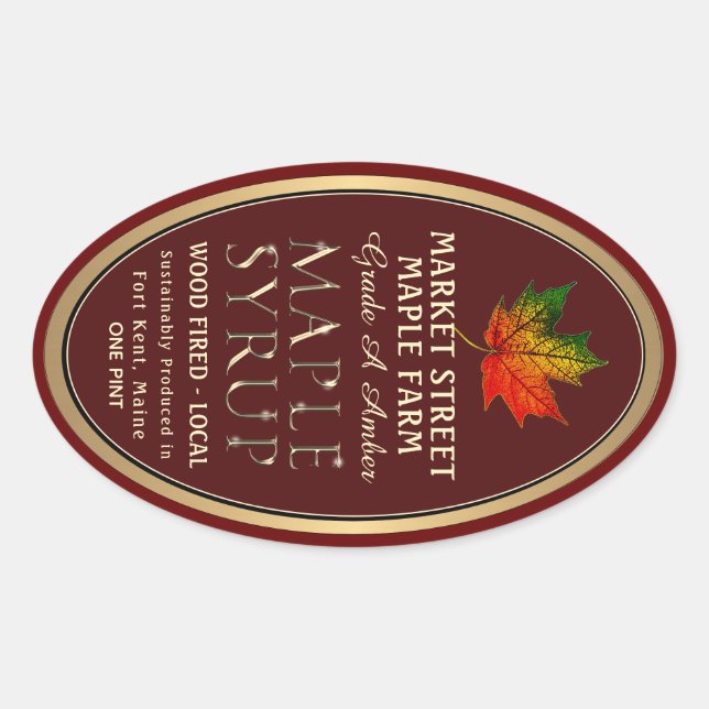 Colourful Maple Leaf Gold Metallic Maple Syrup Ova Oval Sticker (Front)