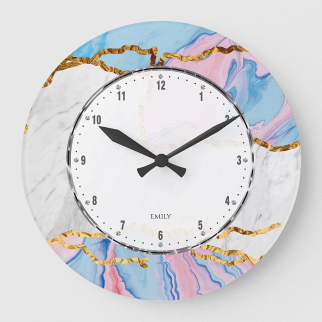 Colourful marble gold veins  large clock (Front)