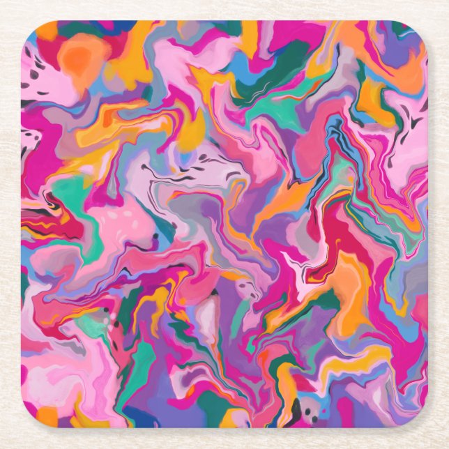 Colourful Marbleised Partyware Square Paper Coaster (Front)