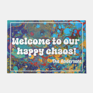 Colourful marbling welcome to our happy chaos doormat