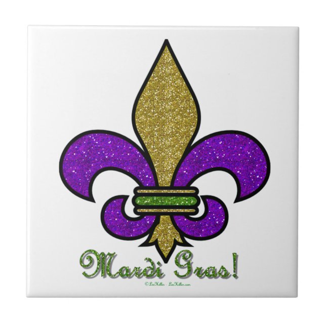 Colourful Mardi Gras Fleur De Lis Ceramic Tile (Front)