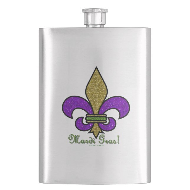 Colourful Mardi Gras Fleur De Lis Hip Flask (Front)