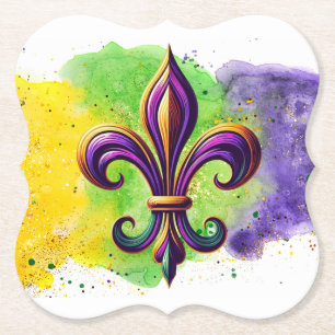 Colourful Mardi Gras Fleur de lis Paper Coaster