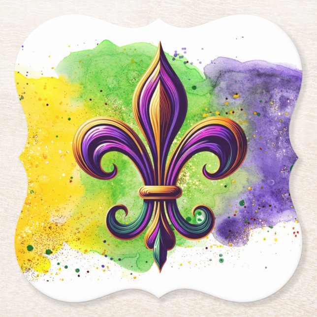 Colourful Mardi Gras Fleur de lis  Paper Coaster (Front)